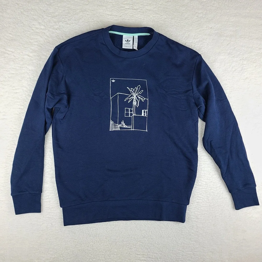 Adidas Sweater Mens Medium Blue Navy Crewneck Sweatshirt 100% Cotton *